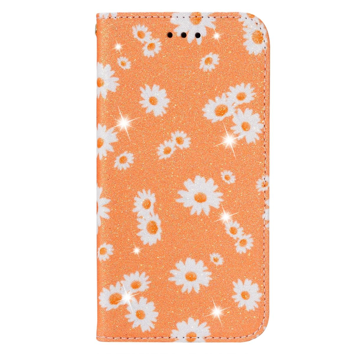 Orangefarbene Handyhülle mit Gänseblümchenmuster. Die Hülle ist geschlossen und glänzend, mit Glitzereffekt.