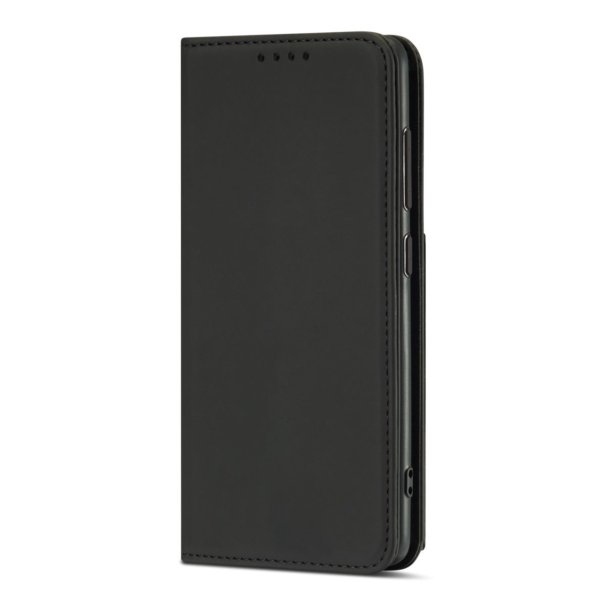 Schwarze Handyhülle, geschlossen. Verfügt über eine glatte Oberfläche und ein schlichtes Design.