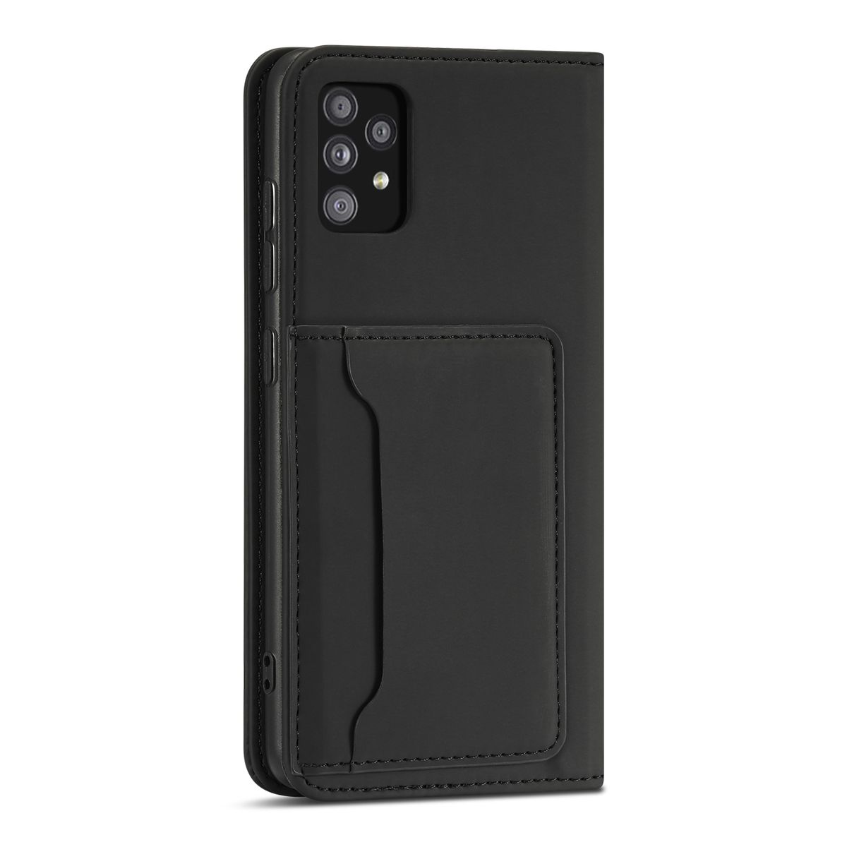 Schwarze Handyhülle mit Kreditkartenfach und Telefon. Die Hülle hat eine Magnetklappe.