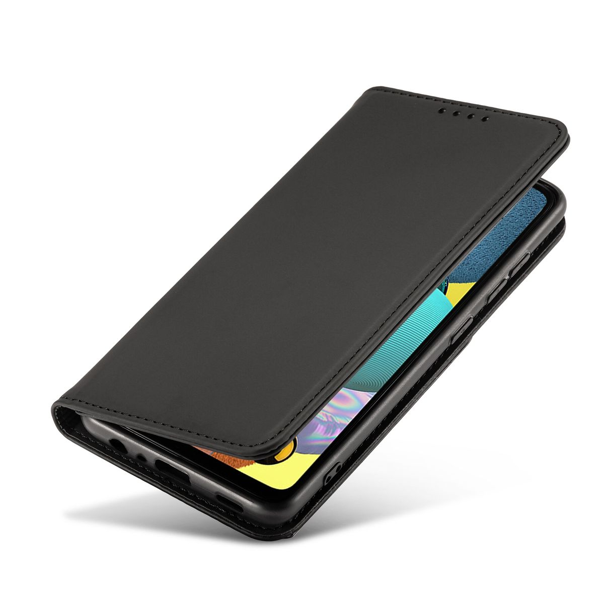 Schwarze Handyhülle geschlossen, mit Telefon darin, auf weißer Oberfläche.