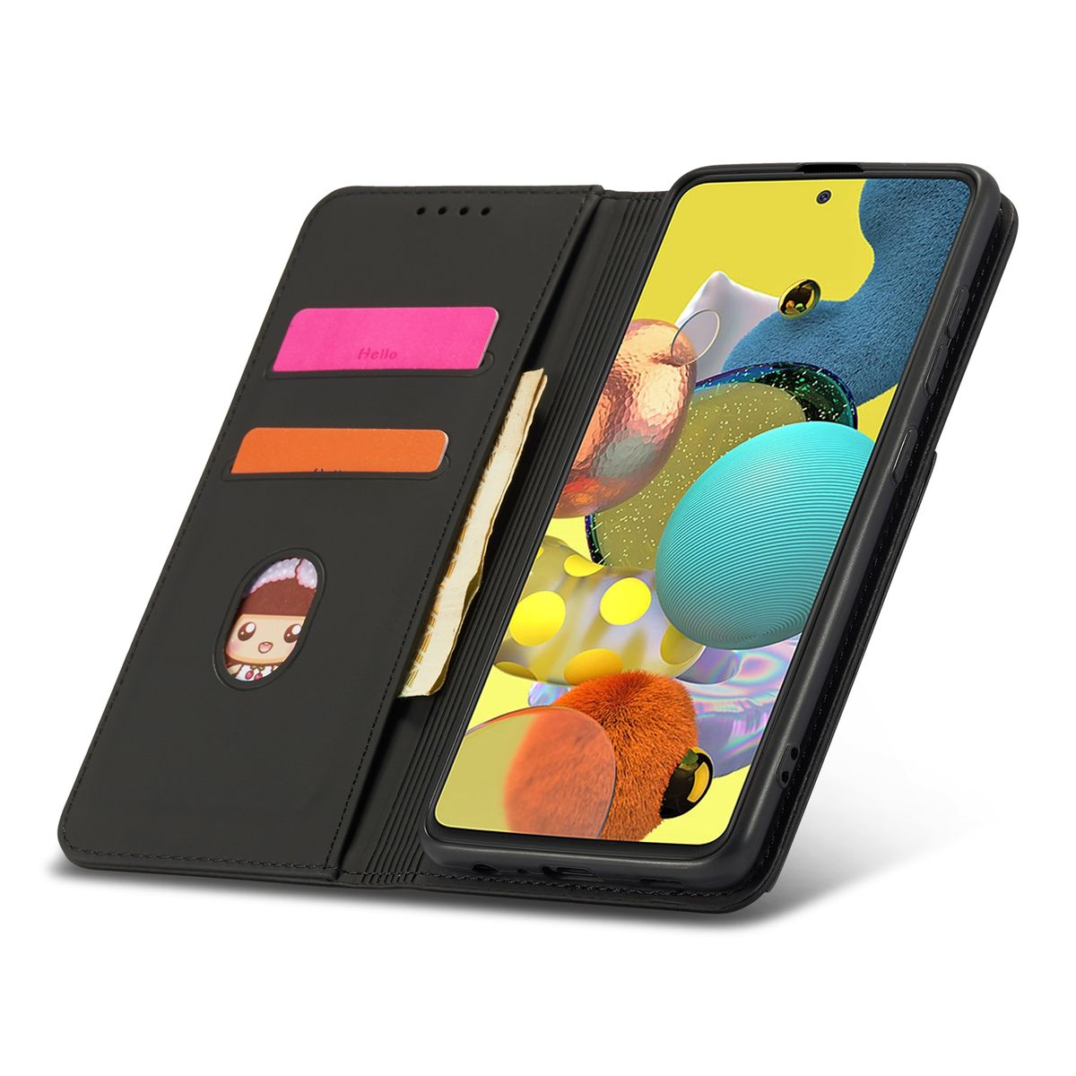 Schwarze Handyhülle mit Karten und Telefon mit farbenfrohen Grafiken, niedliches Kartendesign.