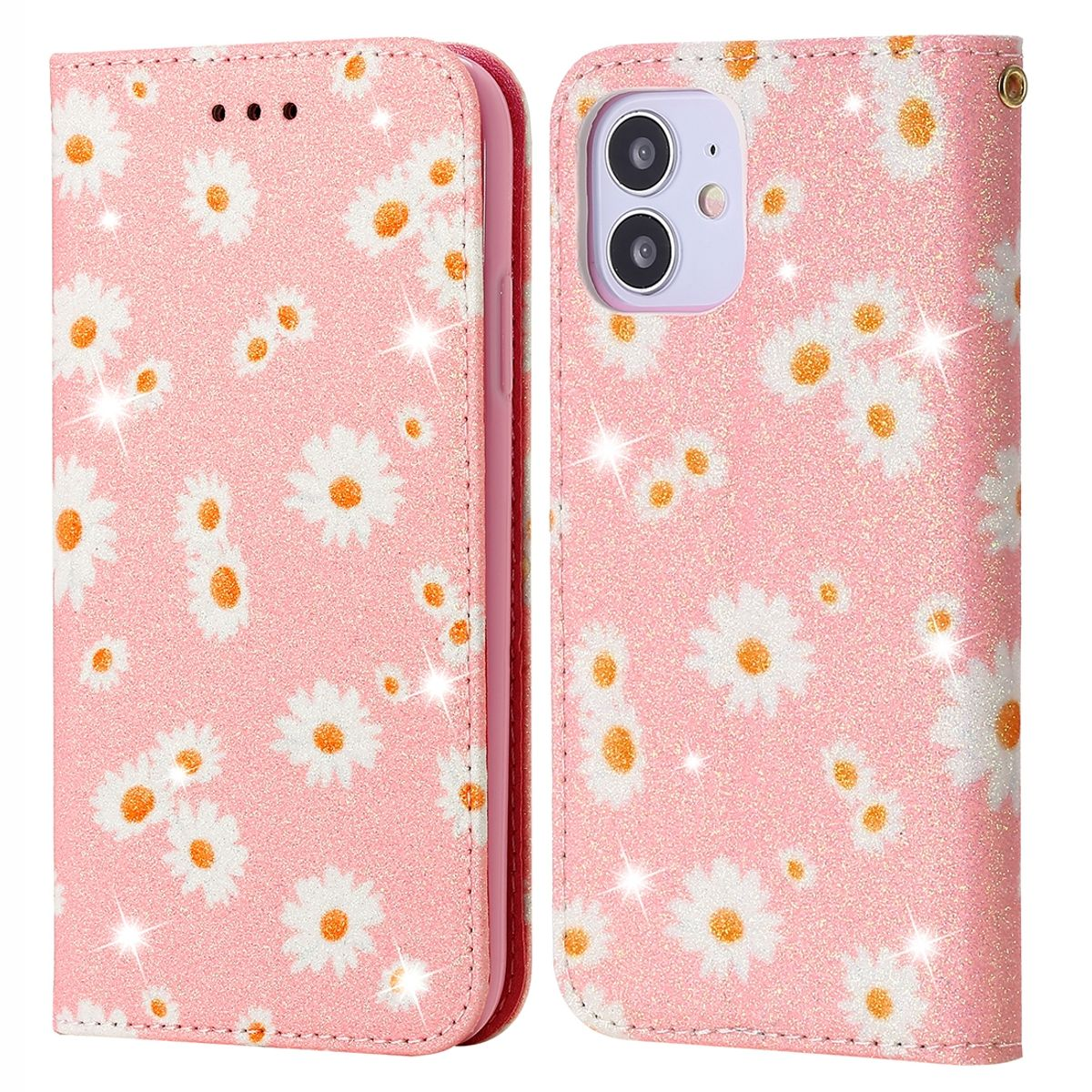 Rosa Handyhülle mit Gänseblümchenmuster. Inklusive Telefon- und Kartenfächern. Glitzereffekt.