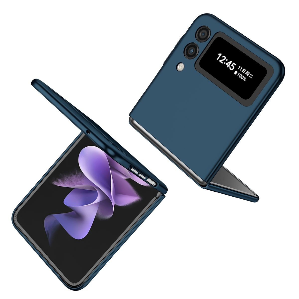 Faltbares blaues Telefon, geöffnet, um den Bildschirm anzuzeigen. Ein weiteres rechts.