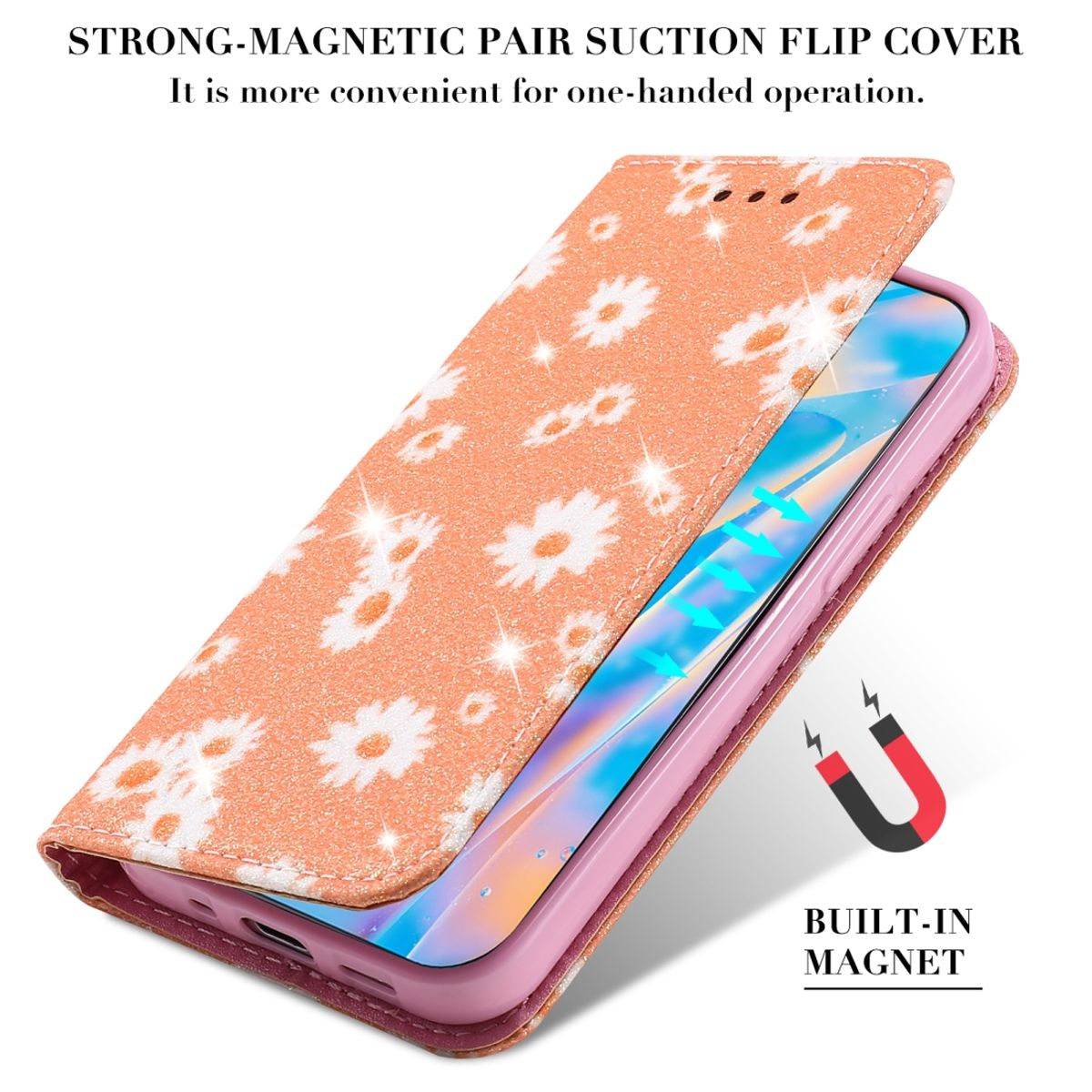 Orangene Handyhülle mit Blumen, offen, mit Telefon und Magnet.