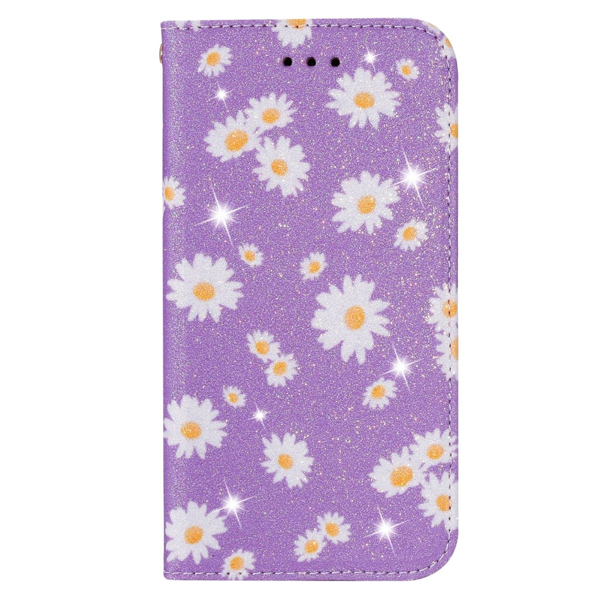 Lila Handyhülle mit Gänseblümchen. Es hat einen glänzenden und glitzernden Look.