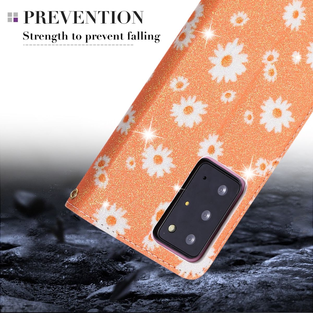 Orange Handyhülle mit weißen Blumen. Die Handykamera ist sichtbar. Text zeigt 
