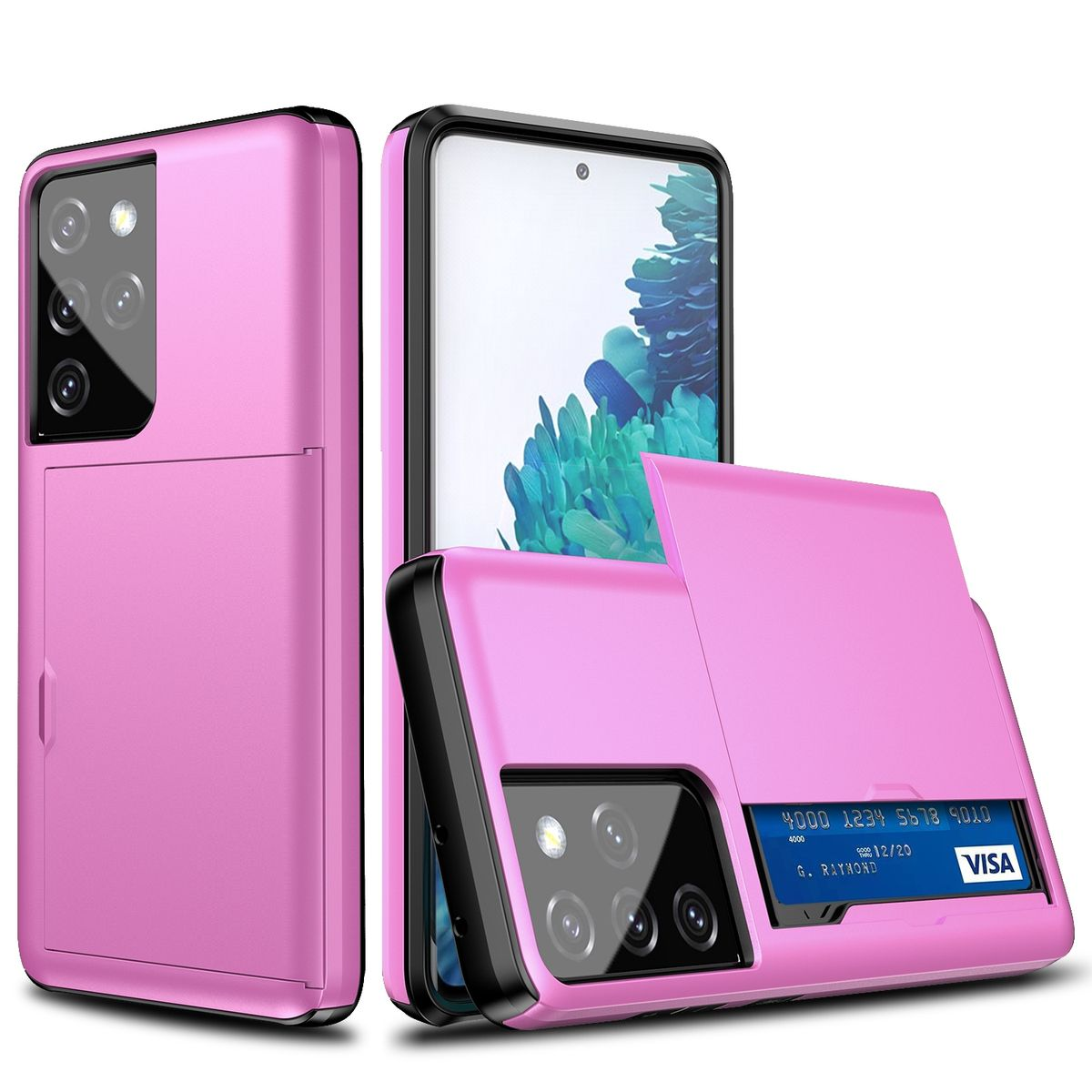 Pinkfarbene Handyhülle mit Kartenfächern und Kartenhalter. Telefon darin. Pinkfarbenes Gehäuse, schwarzer Hintergrund.