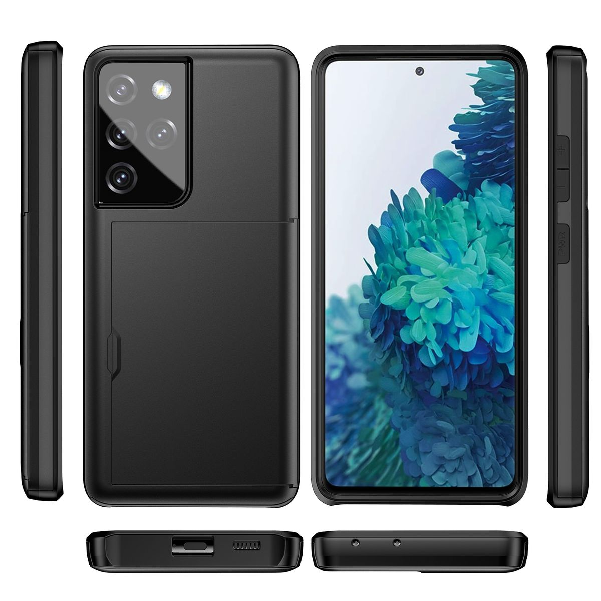 Schwarze Handyhülle mit Kartenfach und Telefon, mehrere Winkel.