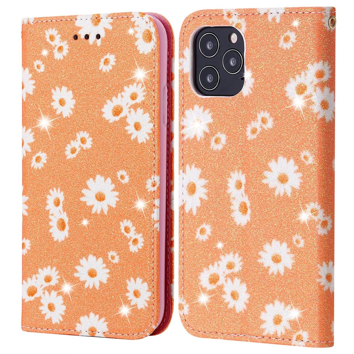 Eine orangefarbene Handyhülle mit weißen Gänseblümchenmustern, geöffnet, um das Telefon zu zeigen.