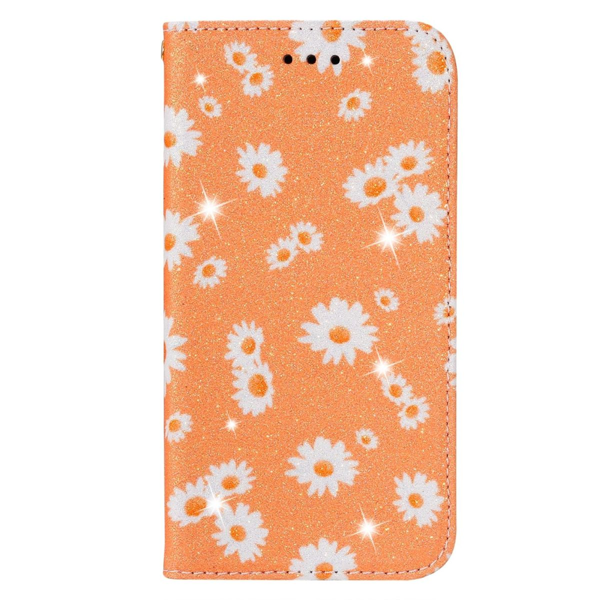 Orange Glitzer-Handyhülle mit weißen Gänseblümchen. Die Blumen haben weiße Blütenblätter und Goldsterne.