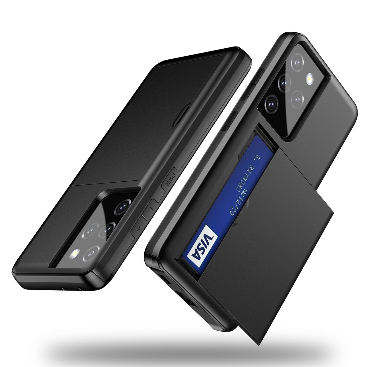 Zwei schwarze Handyhüllen mit je einem Telefon. Eine Hülle hat einen Kartenhalter mit einer Kreditkarte.
