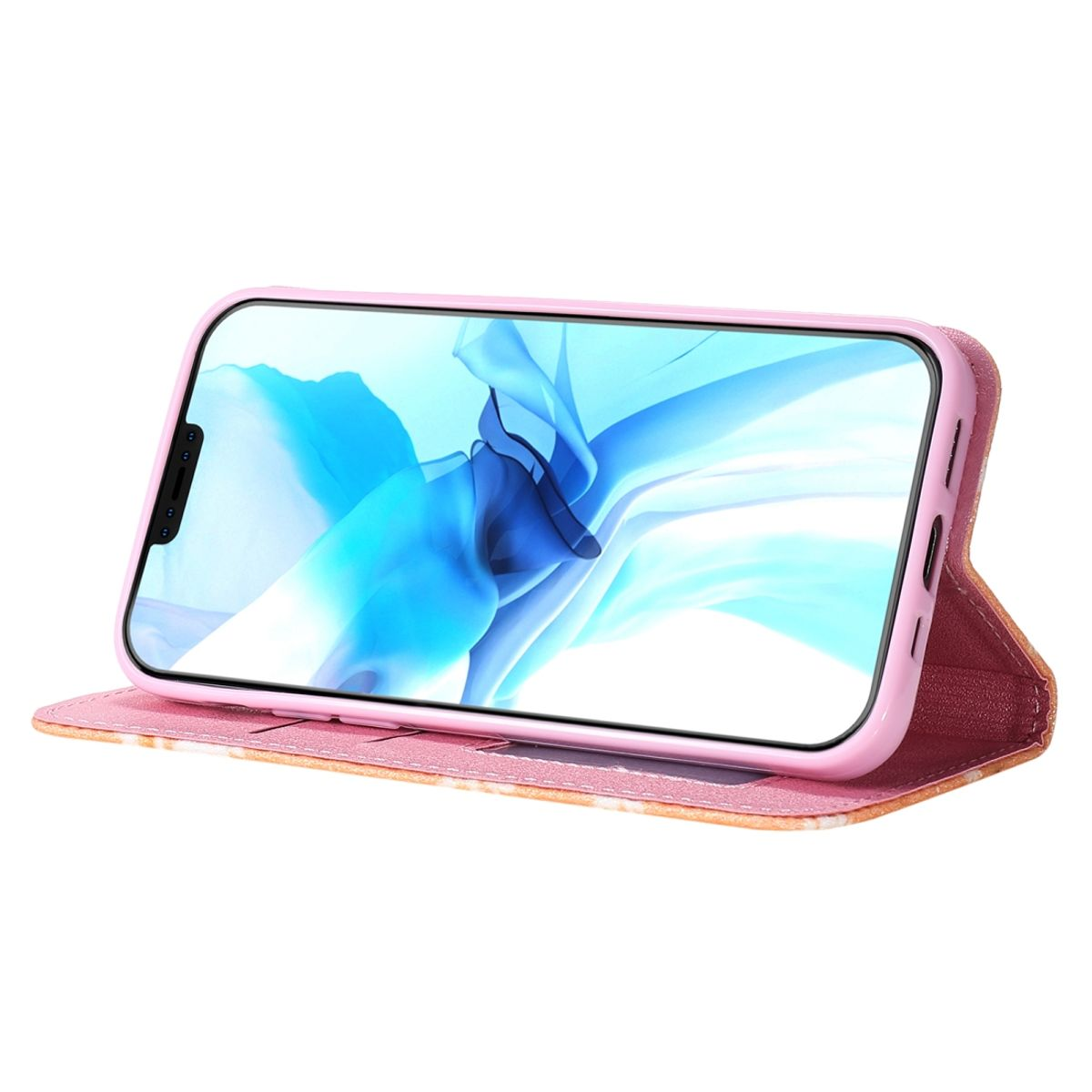Rosa und weiße florale Handyhülle mit einem Telefon im Inneren. Hülle ist offen.
