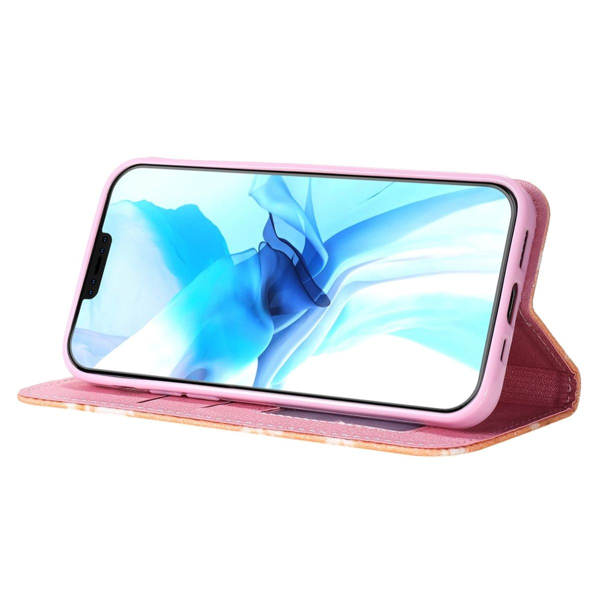 Rosa Handyhülle mit Telefon, das ein blaues Design auf dem Bildschirm zeigt.