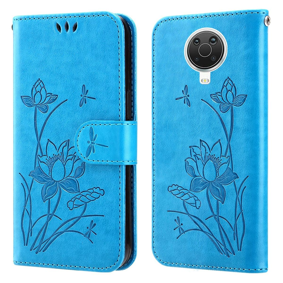 Blaue Handyhülle mit Lotus- und Libellenmustern. Hat einen Verschluss.
