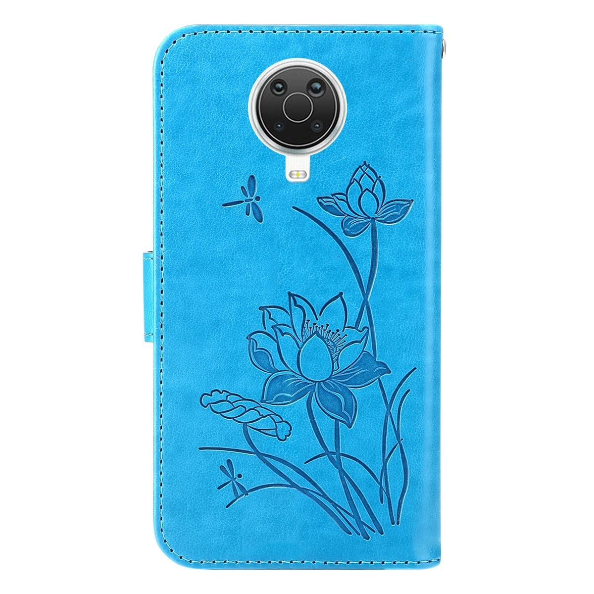 Blaue Handyhülle mit Telefon. Blumendesign. Kamera sichtbar.
