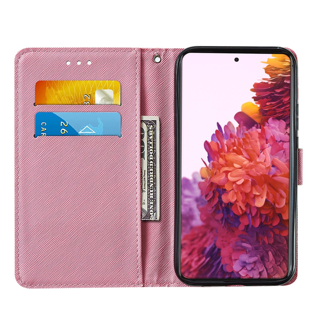 Geöffnete rosa Handyhülle mit Karten und Bargeld. Der Bildschirm zeigt bunte Blumen.