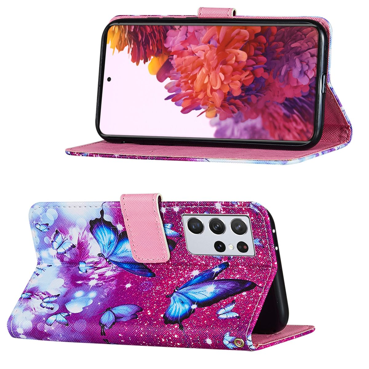 Handyhülle mit Telefon, offen. Schmetterlingsdesign hinten.