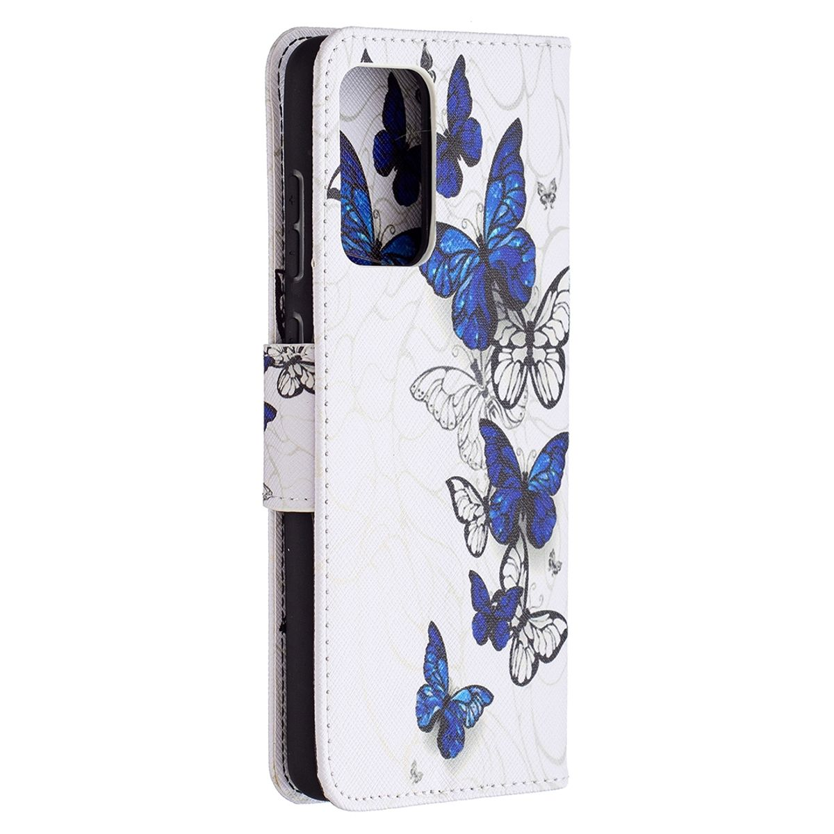 Weißes Handycase mit blauem Schmetterlingsdesign. Mehrere Schmetterlinge auf dem Case. Das Case ist offen.
