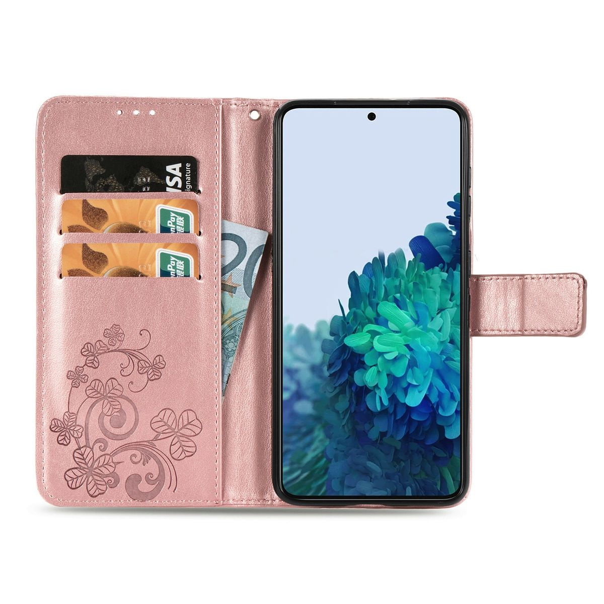 Pinke Handyhülle geöffnet mit Kreditkarten, Geld und einem Telefon, das ein blaues Blumenbild anzeigt.