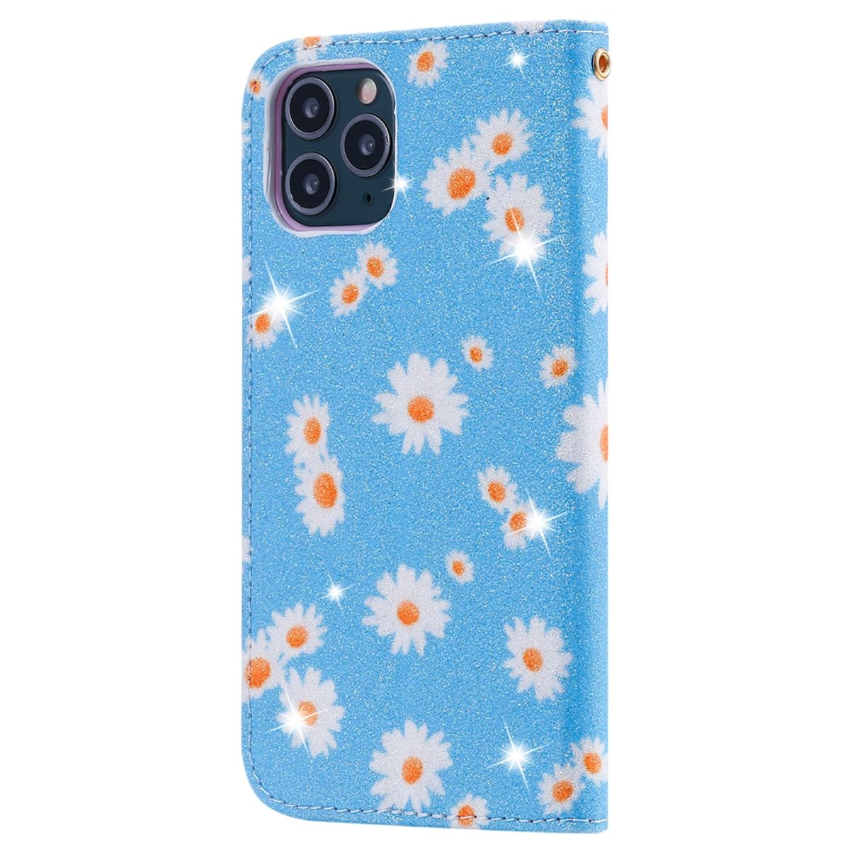 Blaue Handyhülle mit weißen Gänseblümchen. Die Blumen haben orangefarbene Zentren. Die Hülle ist geschlossen.