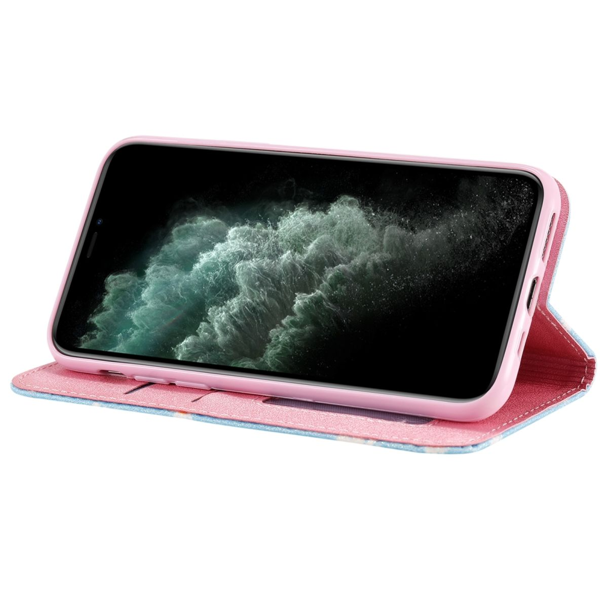 Eine rosa Handyhülle mit einem Telefon darin. Der Telefonbildschirm ist sichtbar. Der Hintergrund ist weiß.