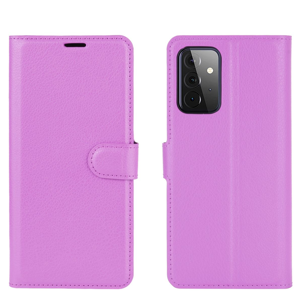 Lavendel-Handyhülle, geöffnet, zeigt das Telefon. Die Handyhülle hat einen Magnetverschluss.
