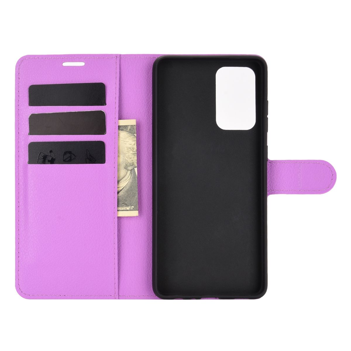 Lila Handyhülle. Innenansicht mit Kartenfächern und einer Geldtasche. Telefon eingesetzt.
