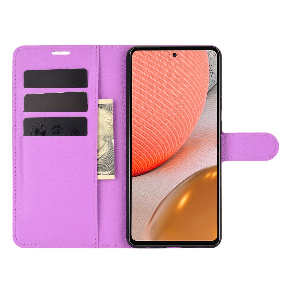 Lila Handyhülle, offen, mit Karten und Dollarnote, hält ein Telefon. Hat schwarzen Innenraum.
