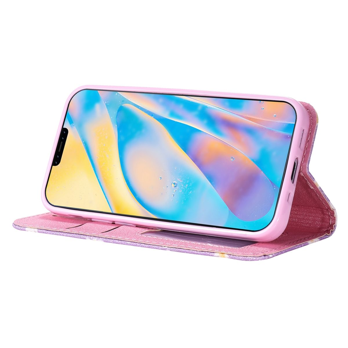 Rosa Handyhülle mit einem Telefon darin. Das Telefon ist innen platziert, mit einem Blumendesign auf dem Cover.