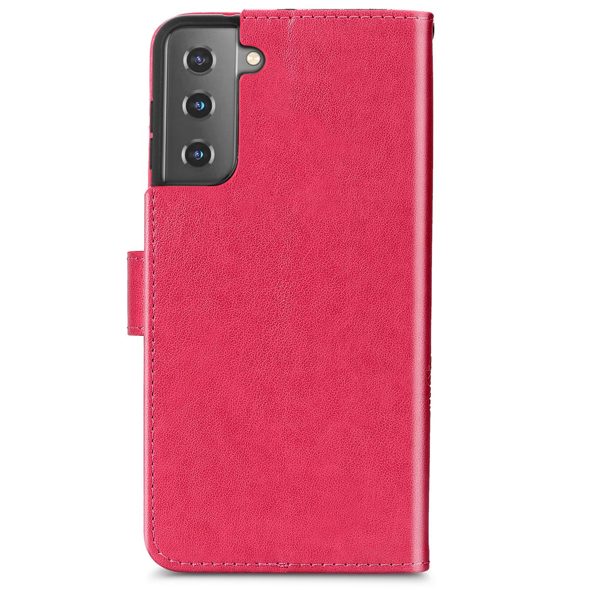 Eine rote Handyhülle mit einem Telefon. Die Hülle hat einen Magnetverschluss und einen Kameraausschnitt.