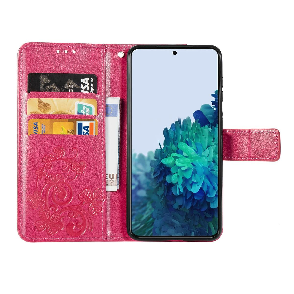 Geöffnete rosa Handyhülle mit Telefon, Karten und Geld. Blumendesign auf der linken Seite.