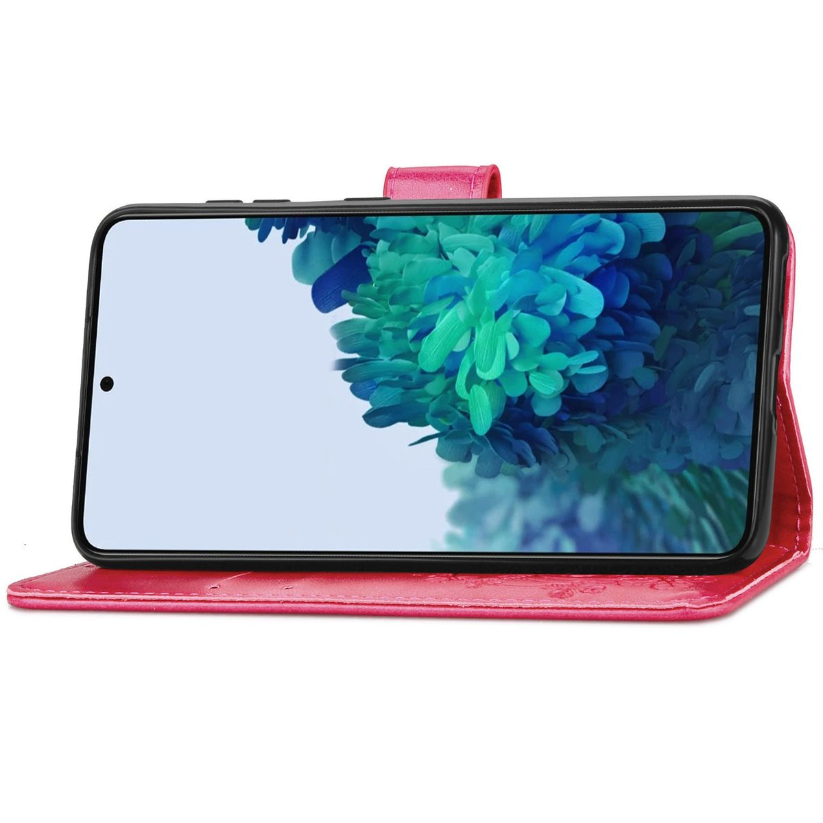 Offene rosa Handyhülle, mit einem Telefon, das ein blaues und grünes Blumenmuster zeigt.