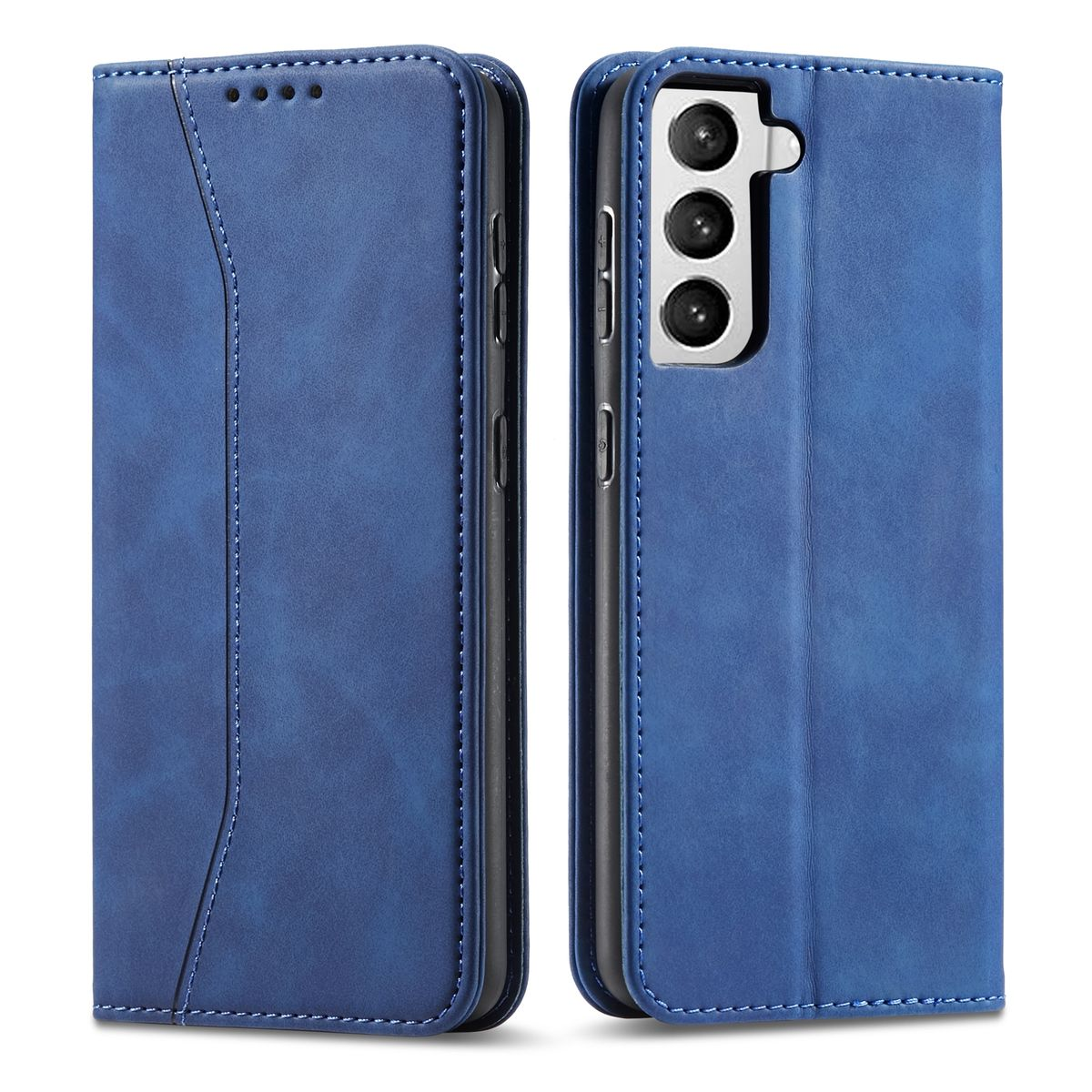 Blaue Handyhülle, geschlossen. Die Hülle hat Nähte. Das Telefon ist innen.