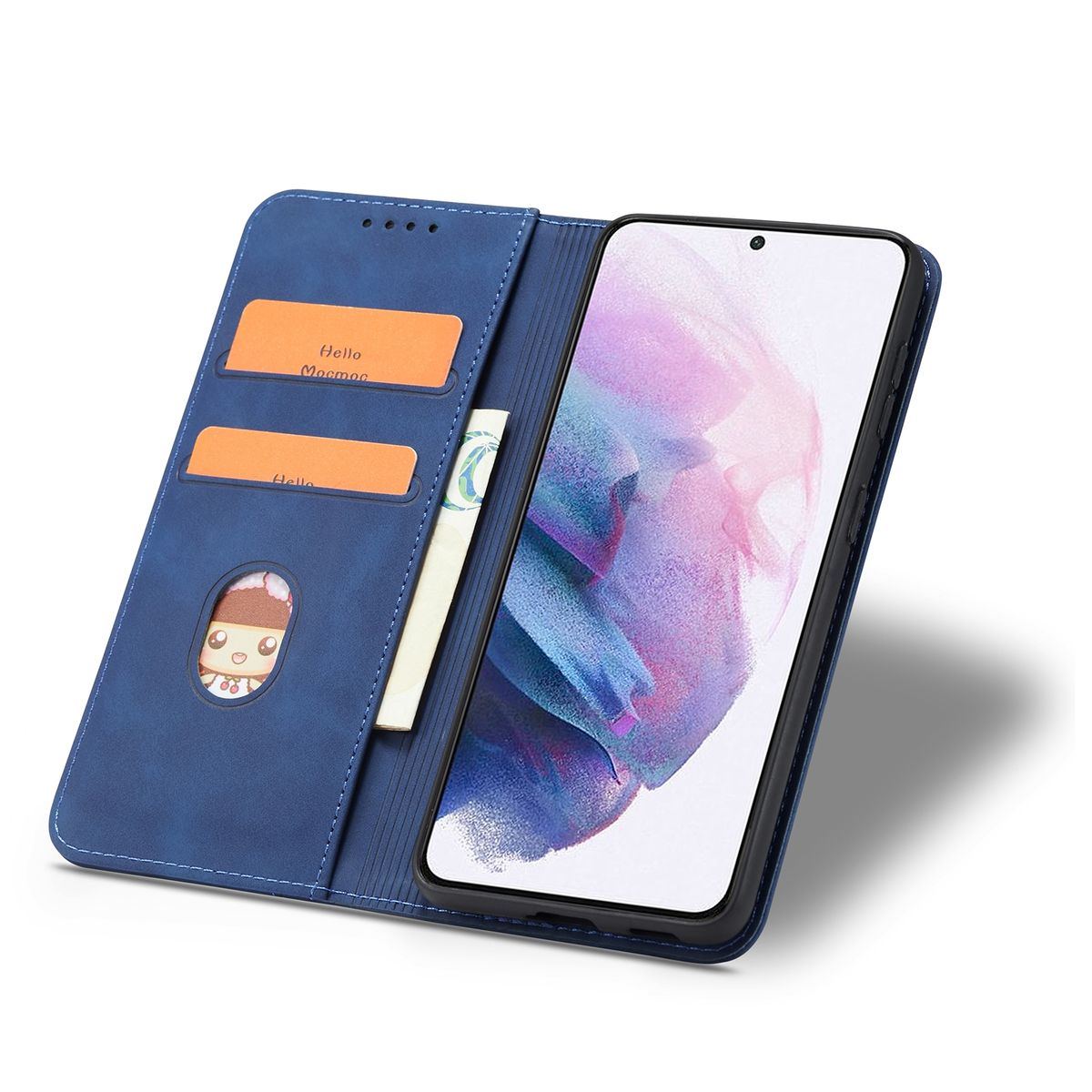Blaue Handyhülle offen mit Telefon. Zwei Kartenfächer und ein kleines Cartoonbild.