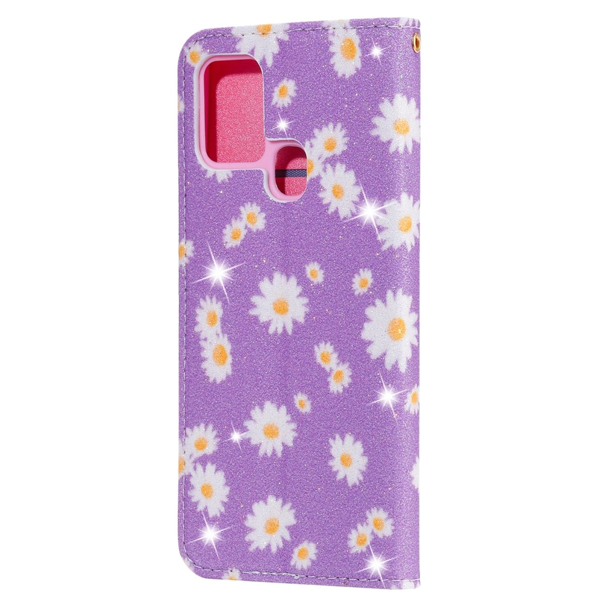Lila Handyhülle mit weißem Gänseblümchenmuster. Die Hülle ist geschlossen, mit Glitzer um die Blumen.