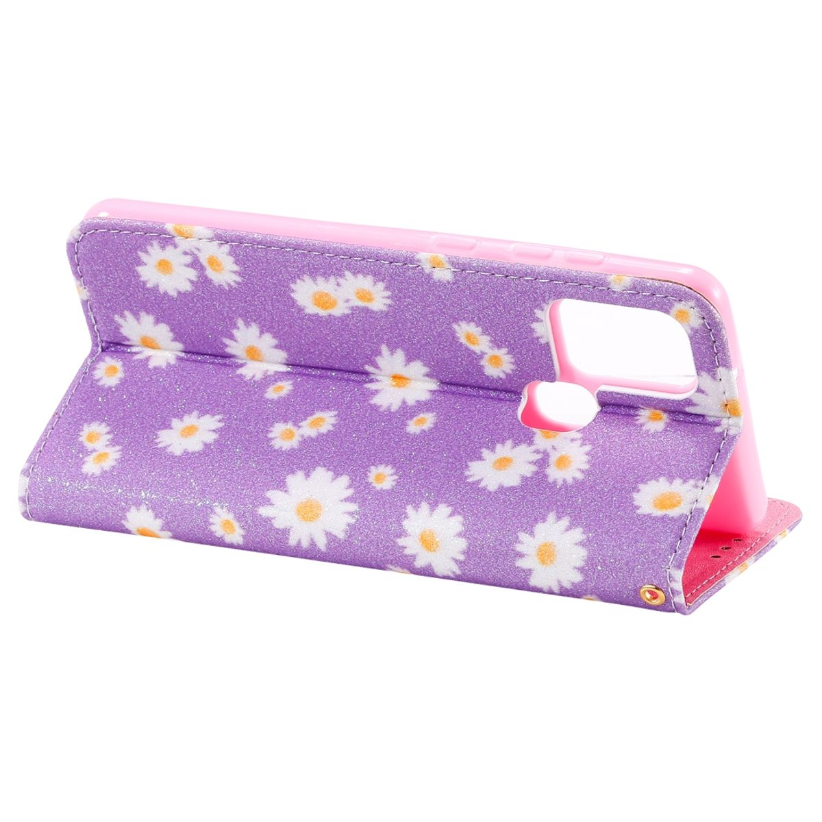 Lila Handyhülle mit Gänseblümchenmuster, rosa Innenraum, offen.