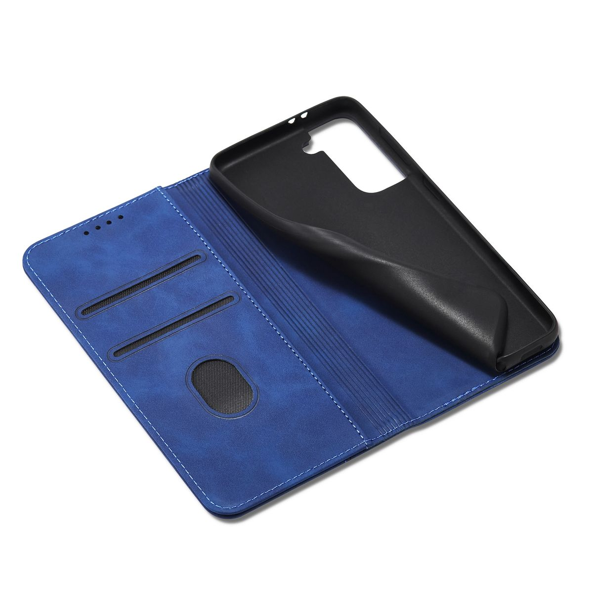 Eine blaue Handyhülle, offen, mit Kartenfächern und einer schwarzen Handyhülle im Inneren. Weiße Nähte sichtbar.