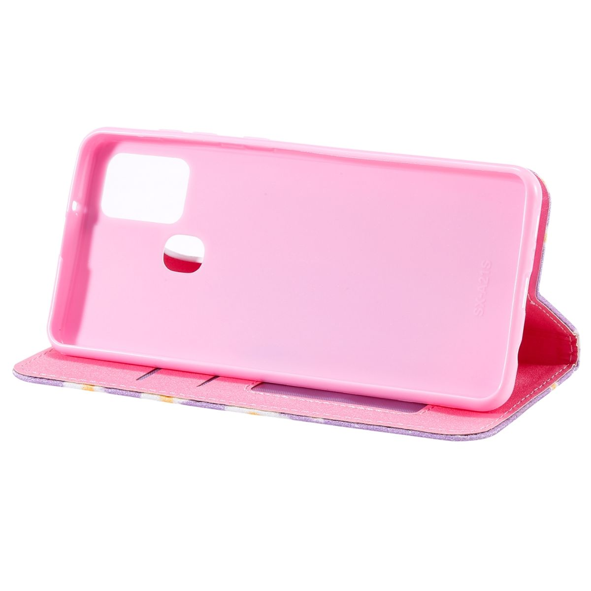 Pinke Handyhülle, offen. Innen rosa, mit Telefon-Umriss.