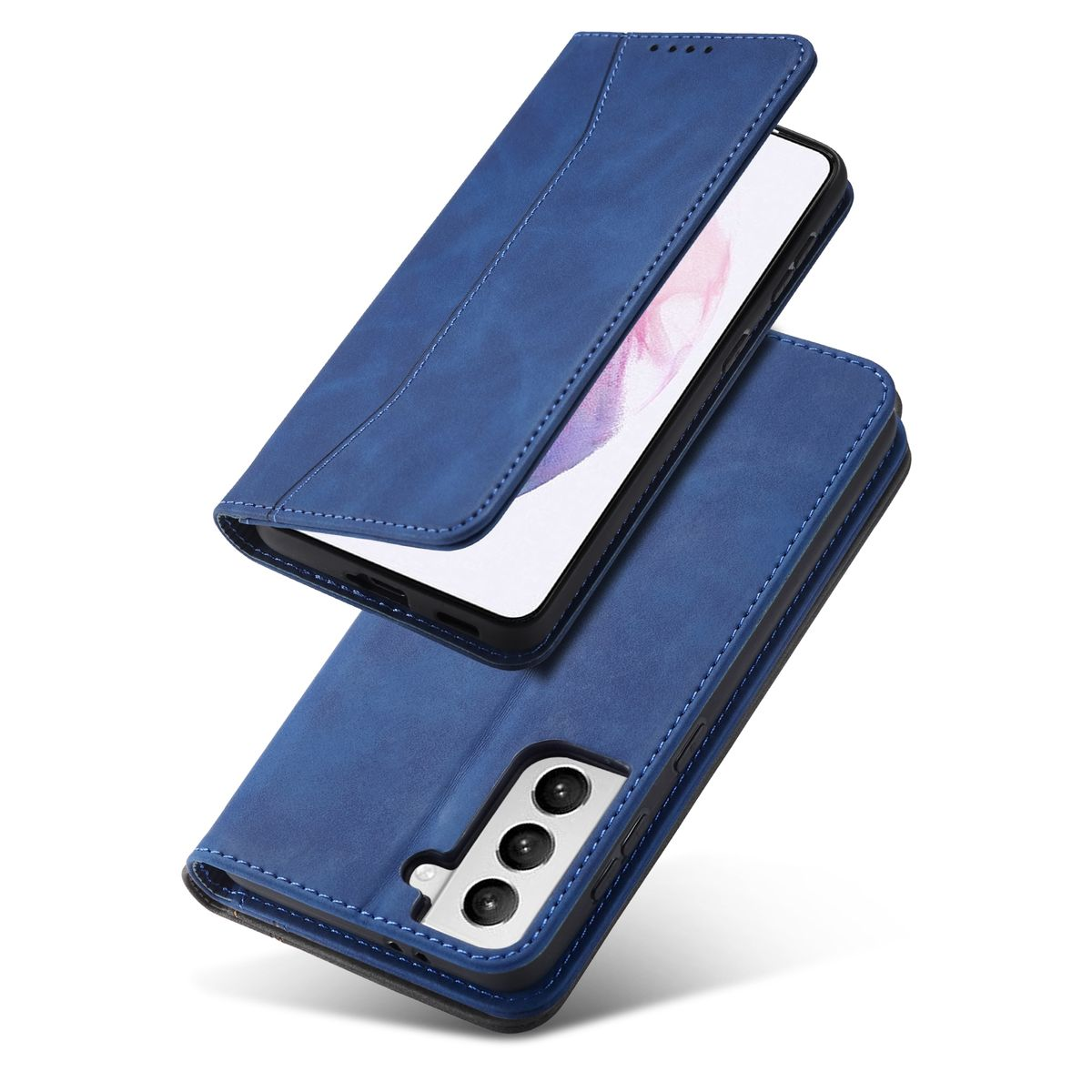 Blaue Handyhülle offen mit Telefon. Die Hülle ist Leder, und das Telefon ist sichtbar.