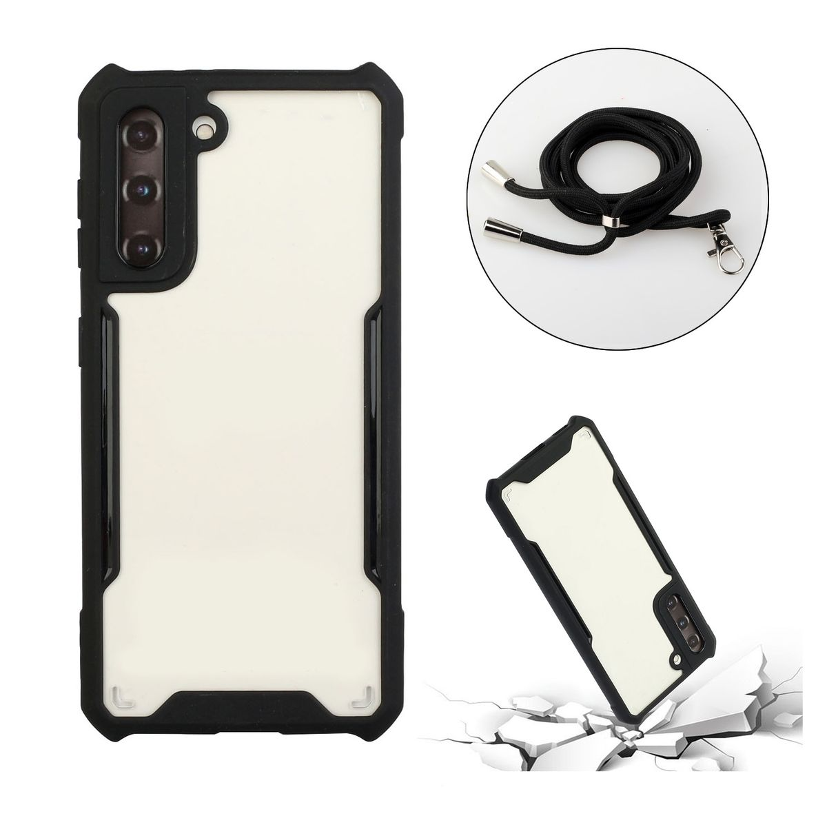 Handyhülle mit schwarzem Rahmen und klarer Rückseite mit Telefon und schwarzem Band. Die Hülle ist zerbrochen.