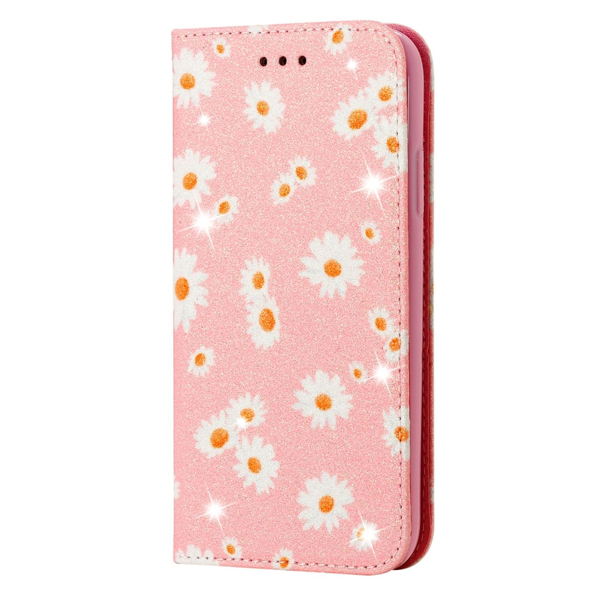 Rosa Handyhülle mit weißem Gänseblümchenmuster. Die Hülle ist geschlossen. Das Design ist glitzernd.