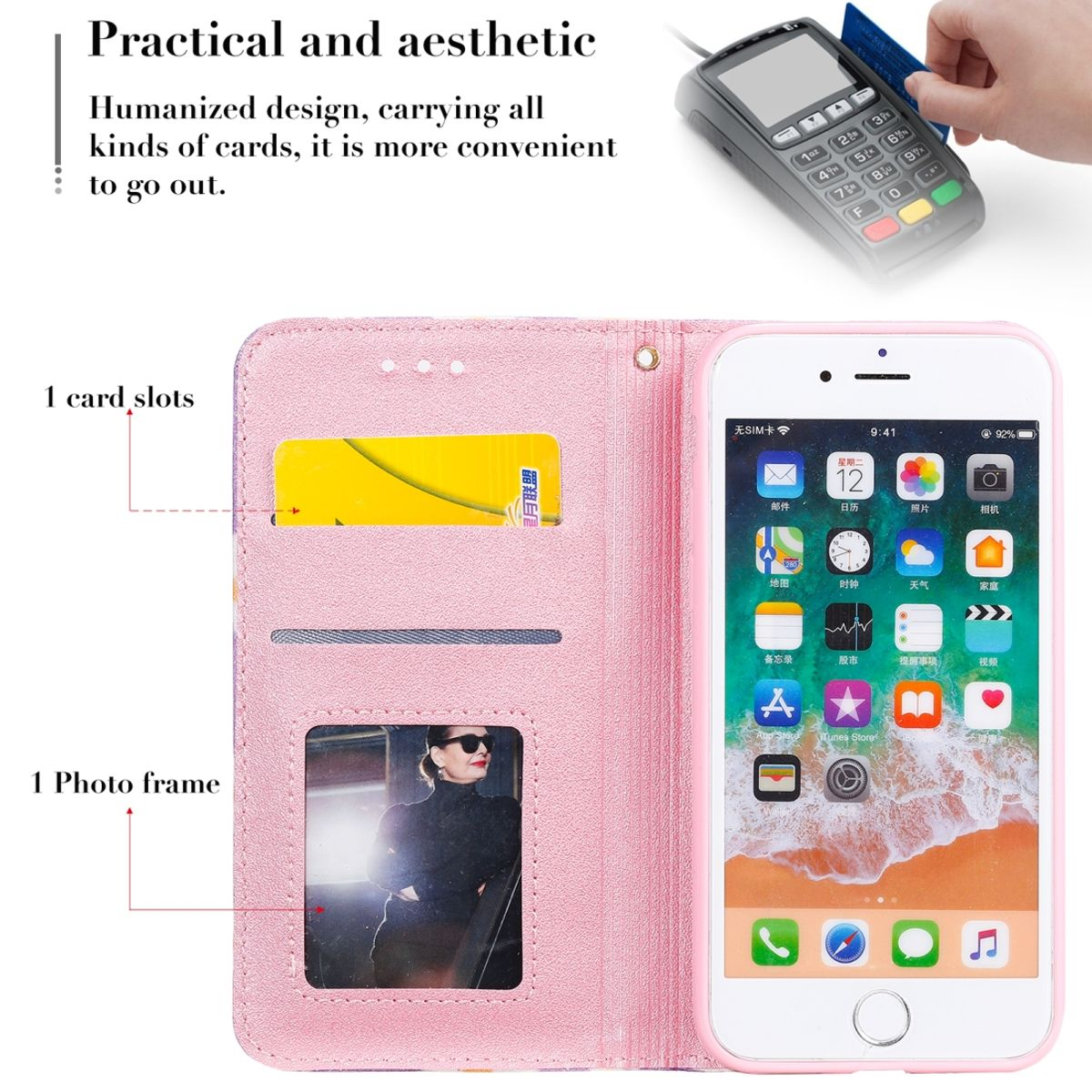 Pinke Handyhülle, offen, mit Telefon darin. Kartenfach, Fotorahmen und Text. Weißer Hintergrund.