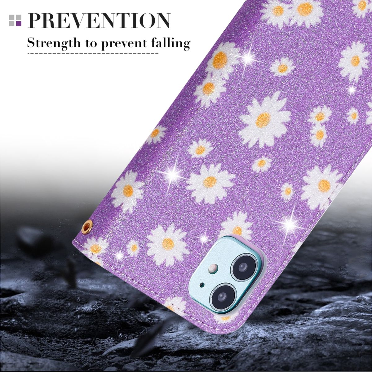 Lila Handyhülle mit weißem Gänseblümchenmuster, Telefon und Glitzerdetails.
