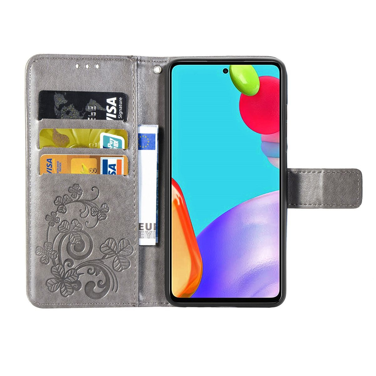 Eine graue Handyhülle mit Karten. Das Telefon ist in der Hülle und zeigt den Bildschirm.