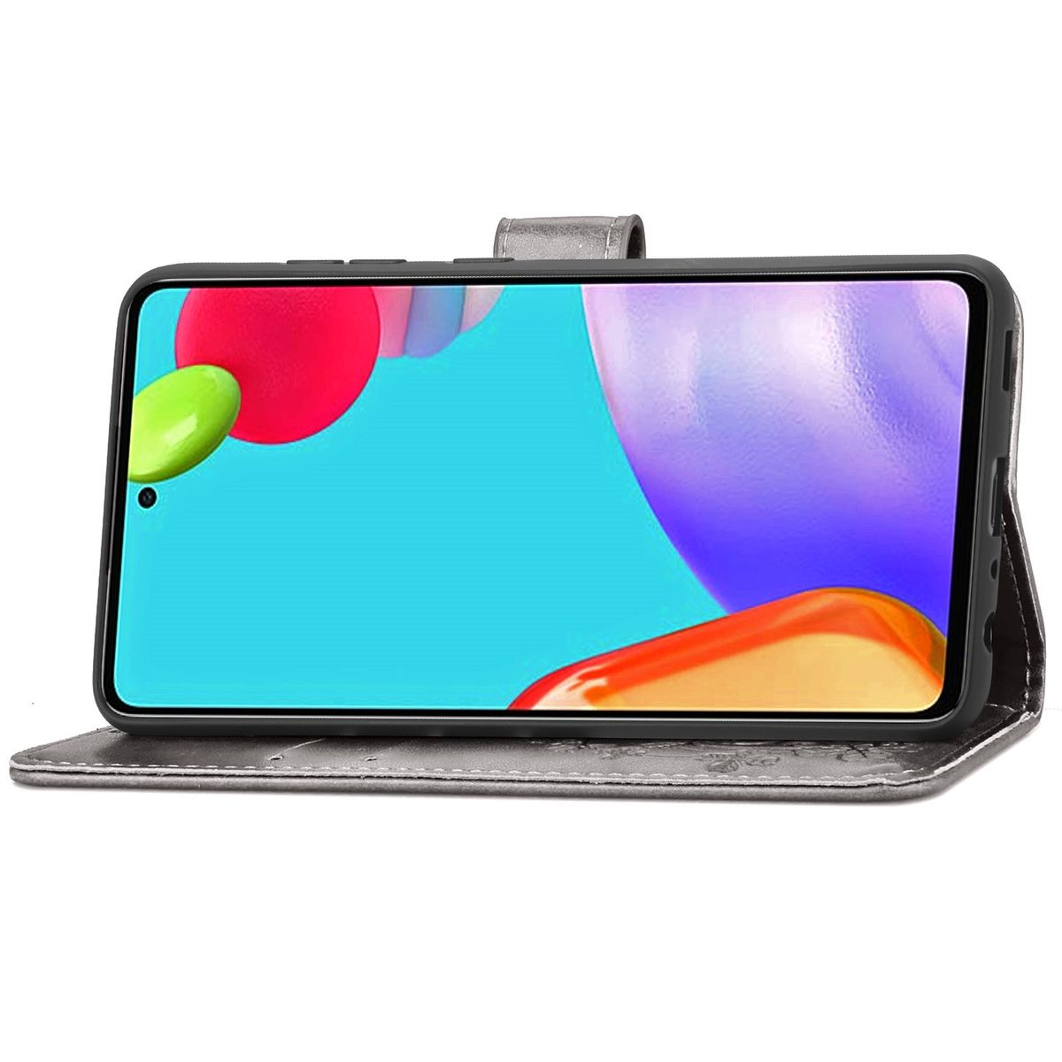 Ein Telefon in einem grauen Gehäuse. Der Bildschirm des Telefons zeigt ein abstraktes, farbenfrohes Bild.