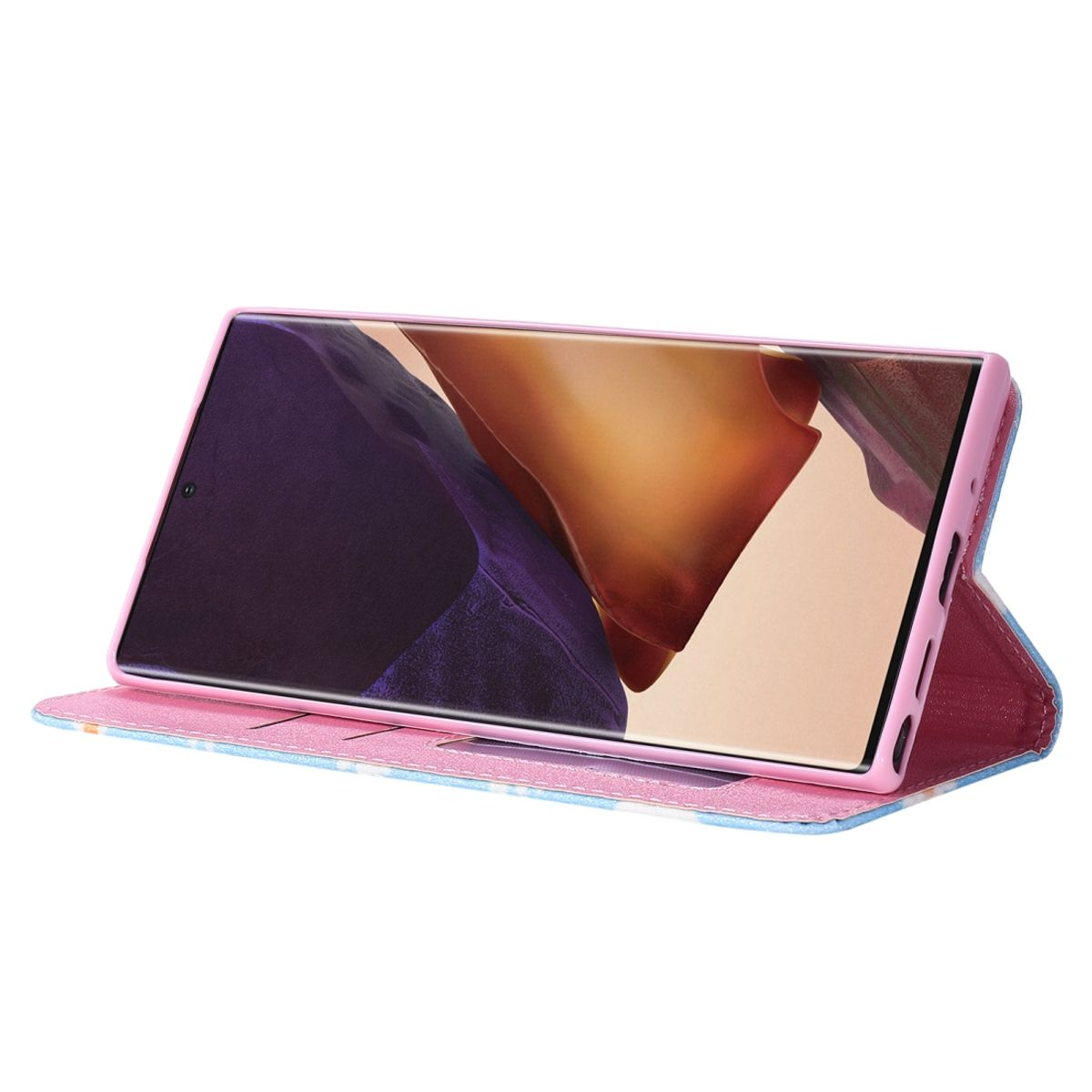 Rosa Handyhülle geöffnet, zeigt ein Telefon. Die Hülle hat ein blaues und rosa Design, platziert auf weißem Untergrund.