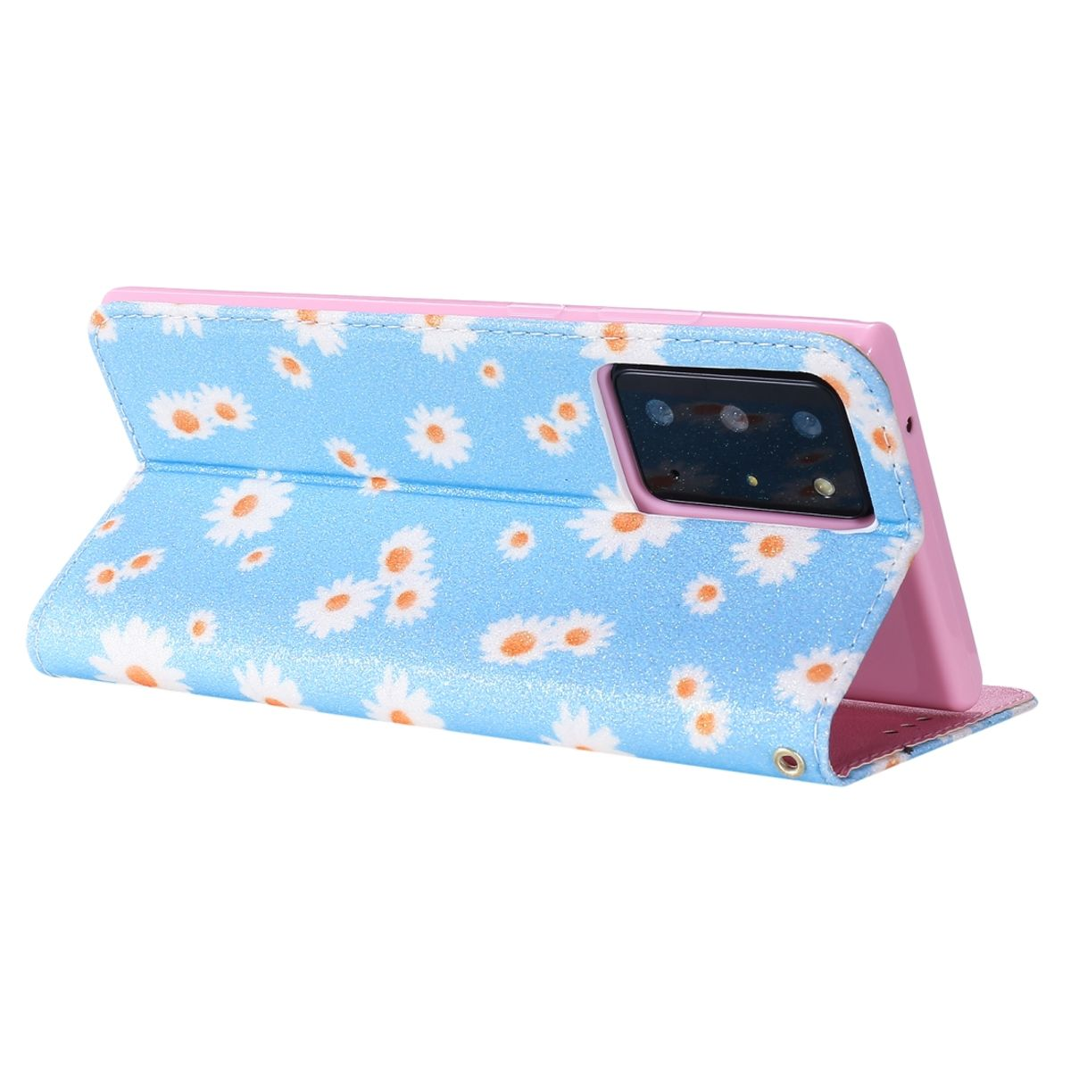 Handyhülle, blau, mit Gänseblümchen-Design. Telefon ist innen. Rosa Hintergrund.