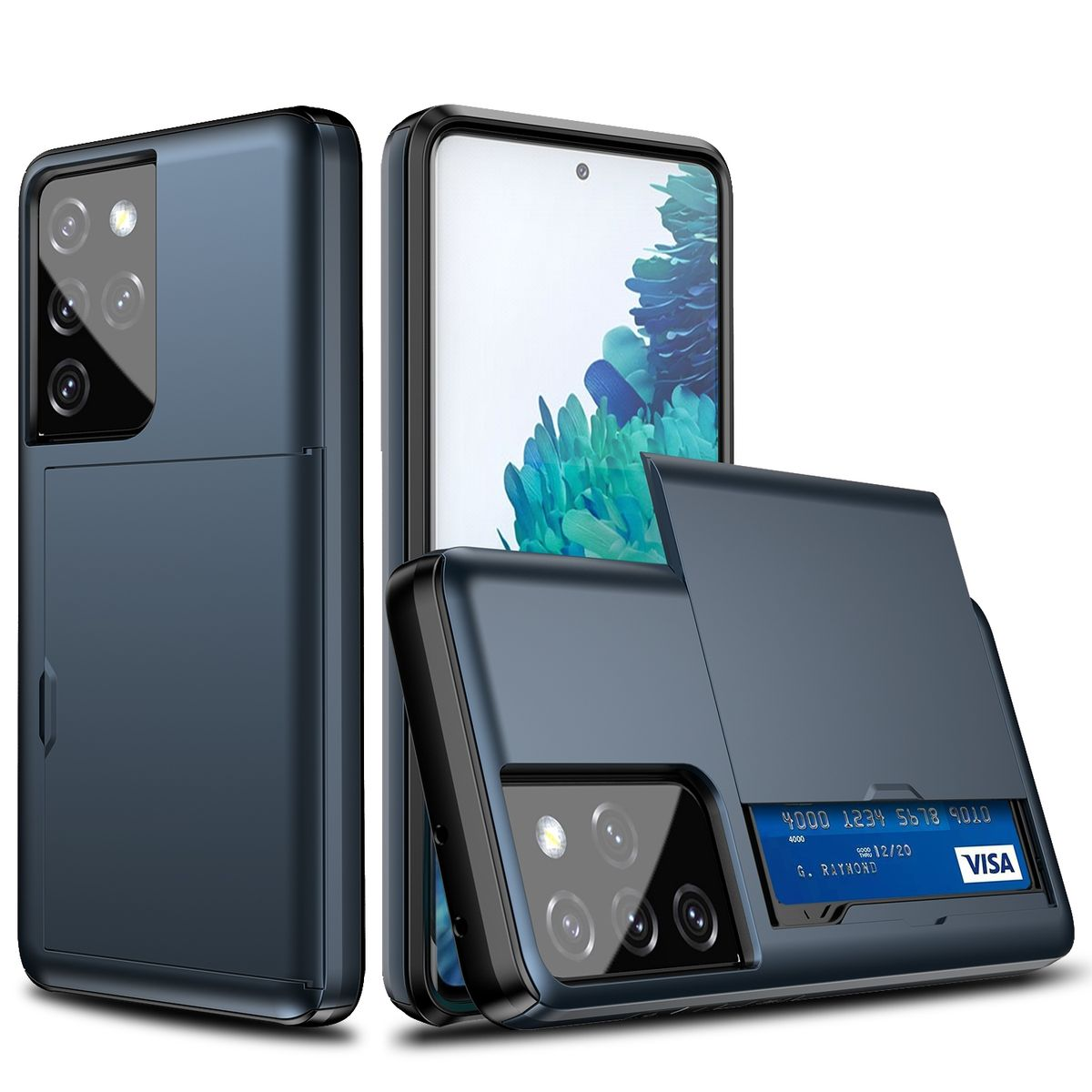 Blaue Handyhülle mit Kartenfach und Telefon. Visa-Karte sichtbar.