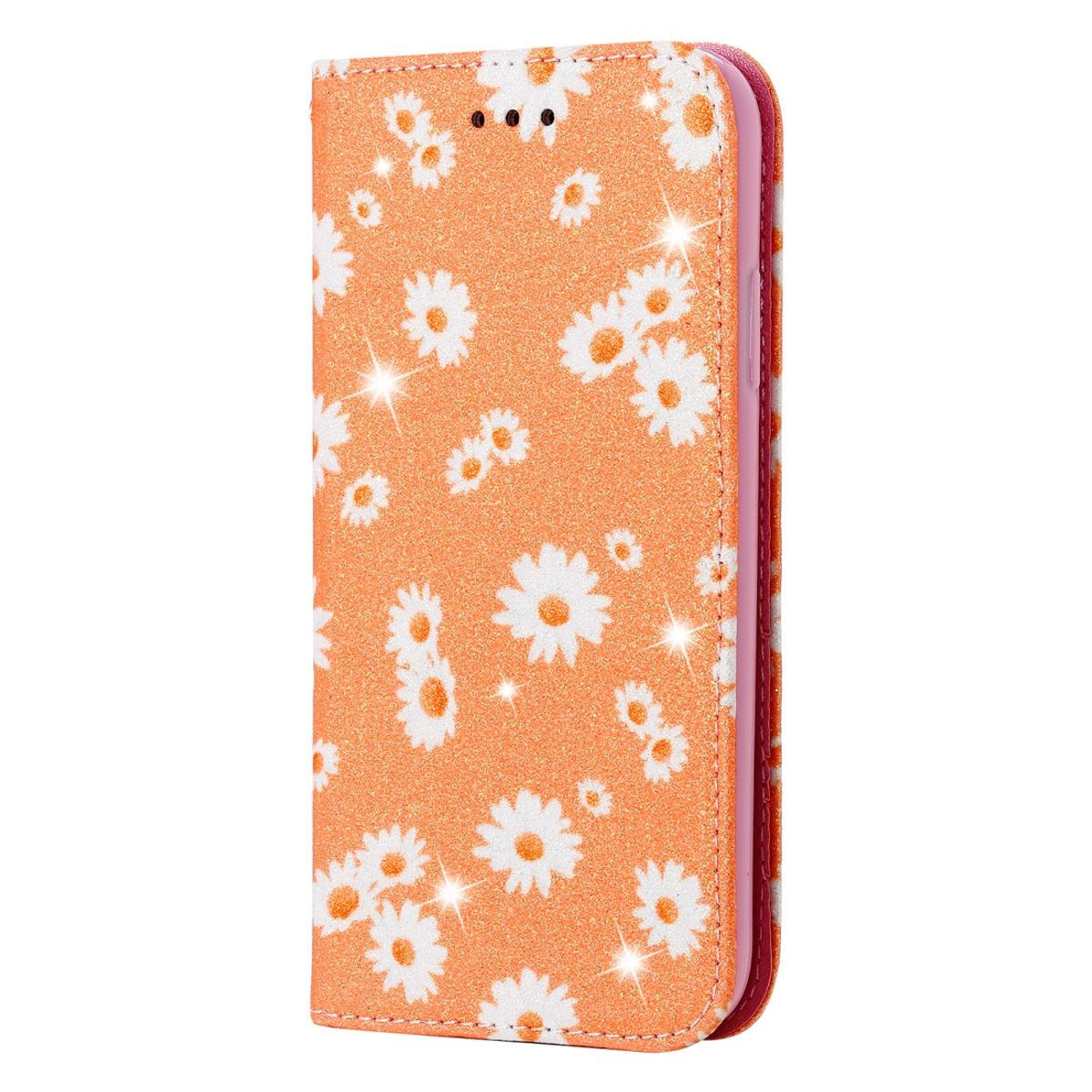 Orangefarbene Handyhülle mit weißen Gänseblümchen. Glitzer um die Blumen. Die Hülle ist geschlossen. Rosa Rand.
