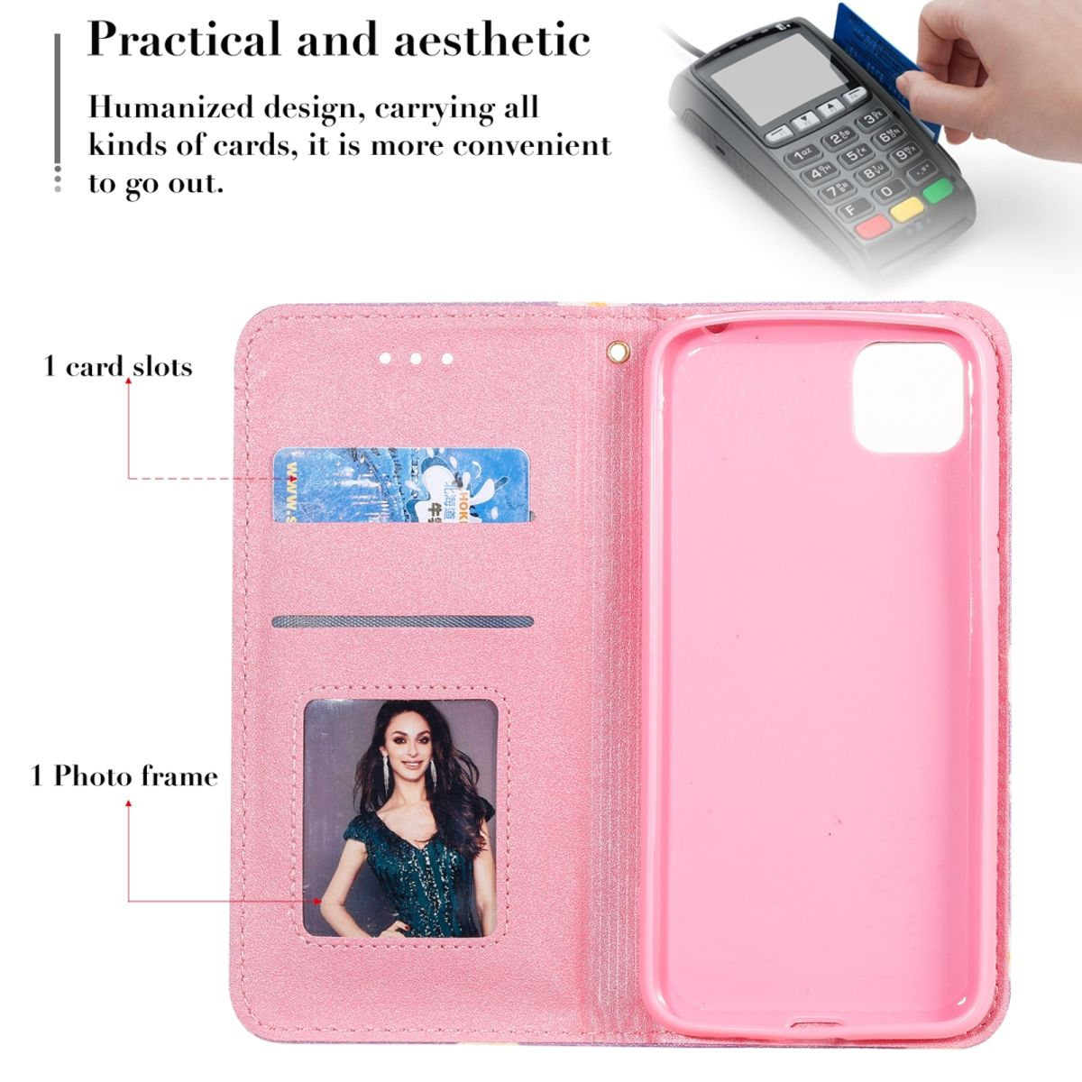 Pinkfarbene Handyhülle mit Kartenfächern und einem Foto. Die Hülle ist geöffnet.